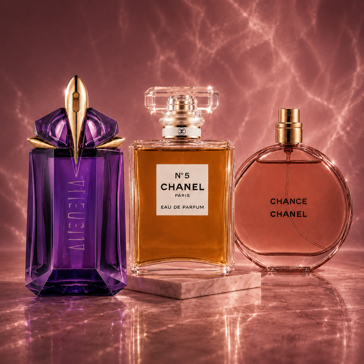 Collection de parfums Femme TrustElixir sur fond rose profond